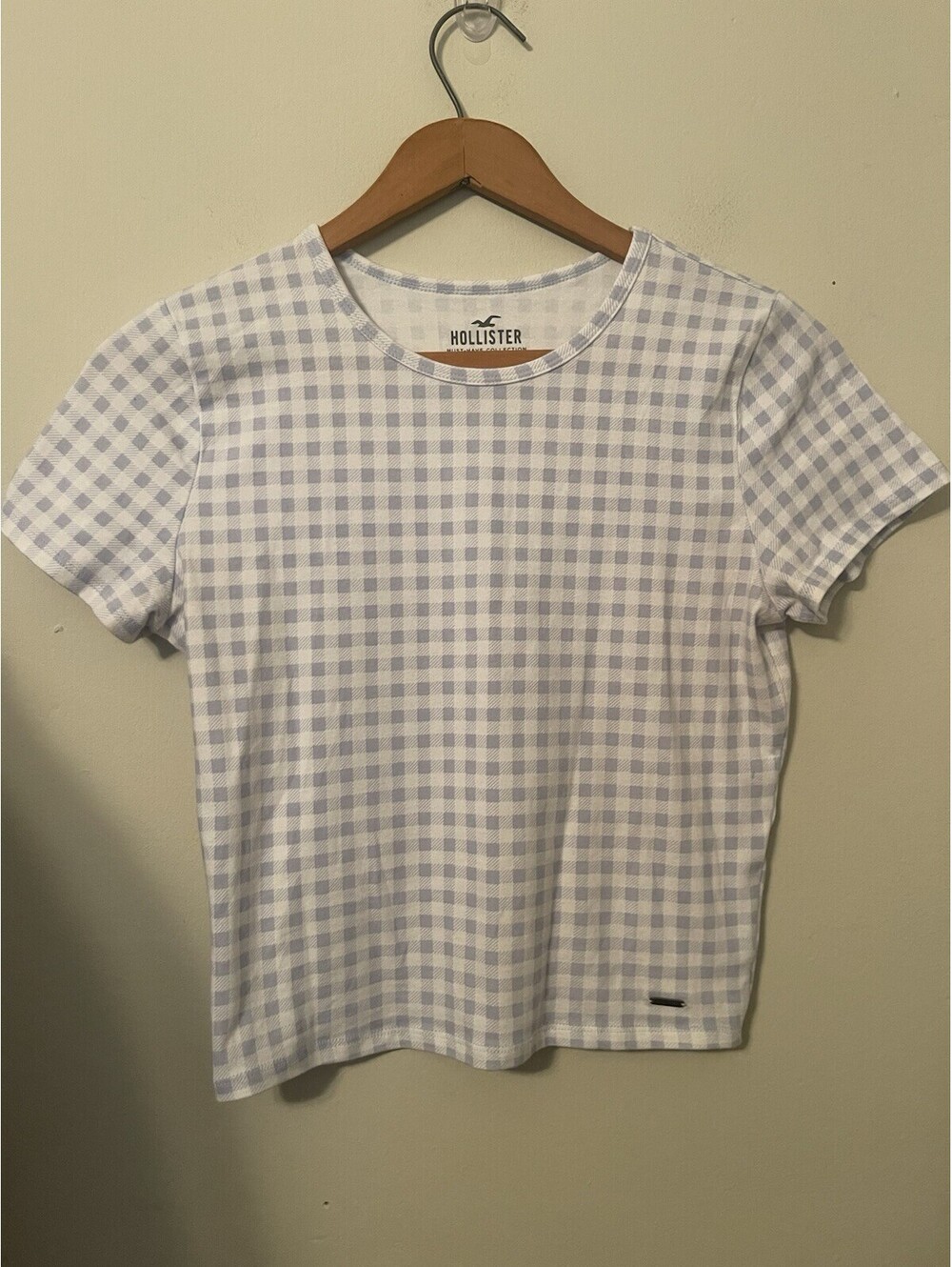 Hollister Y2K Gingham Baby Tee Medium M Blue White Check Cropped Fitted Top